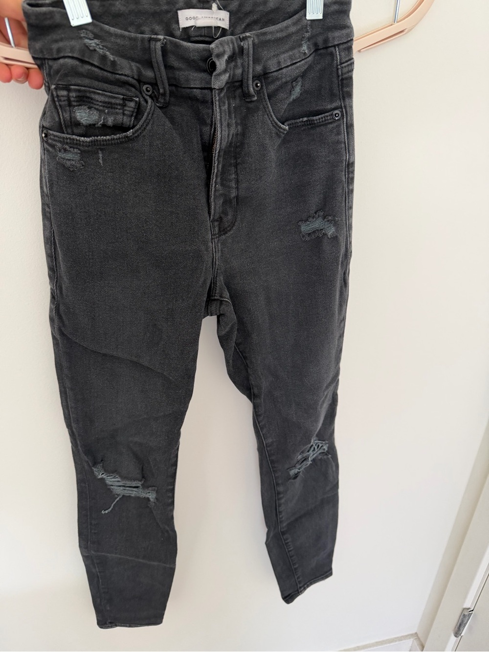 Good American  Black Distressed Slim Jeans